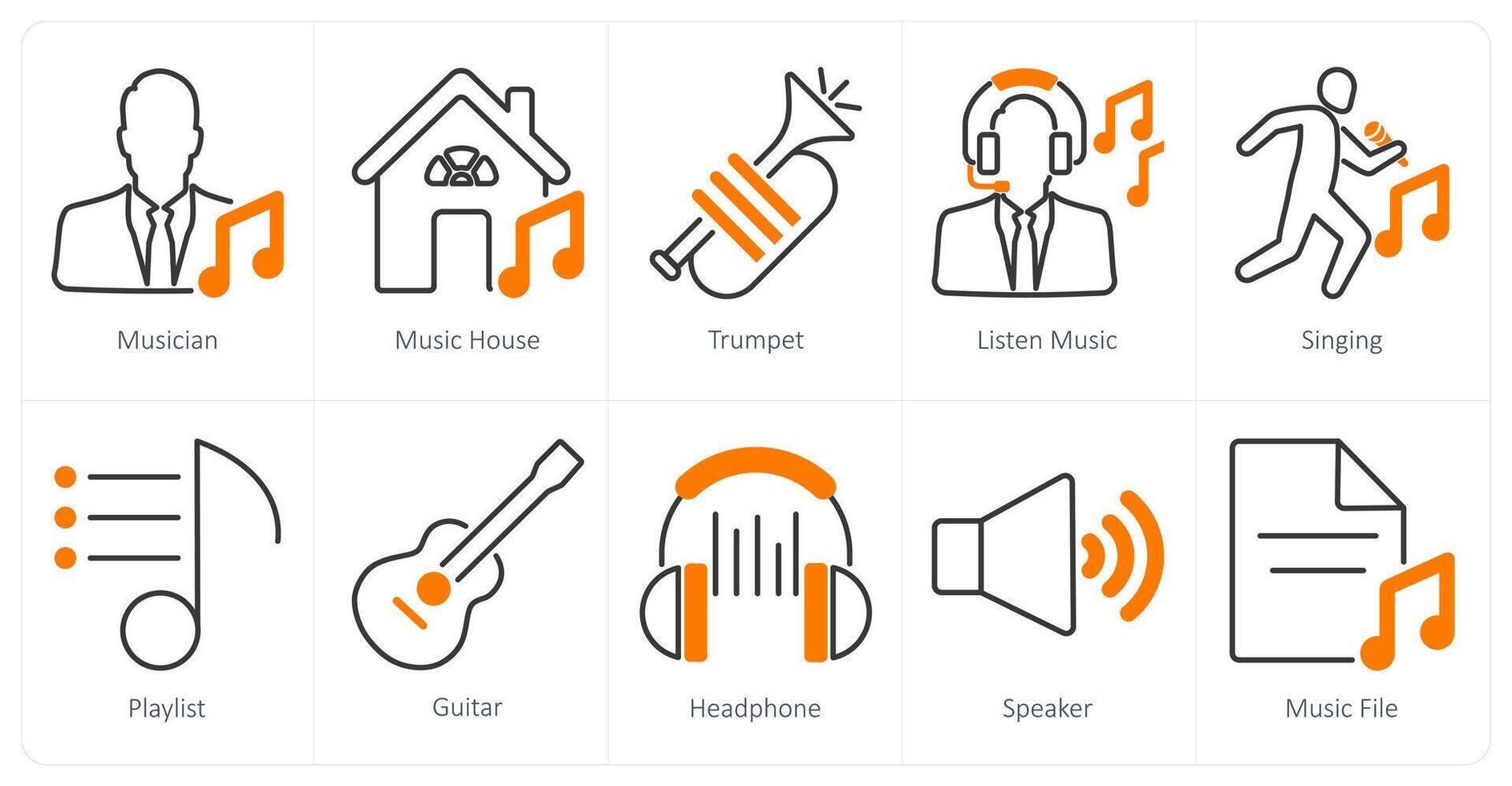 A set of 10 music icons as musician, music house, trumpet vector
