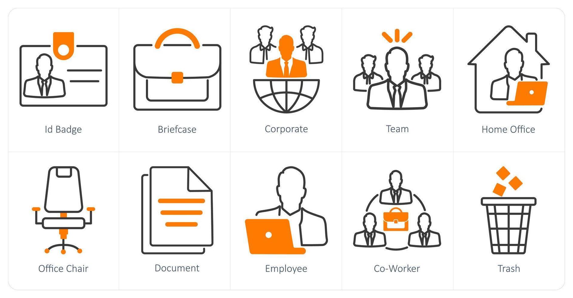 A set of 10 office icons as id badge, briefcase, corporate vector