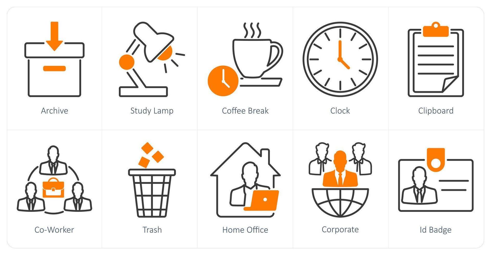 A set of 10 office icons as archive, study lamp, coffee break vector