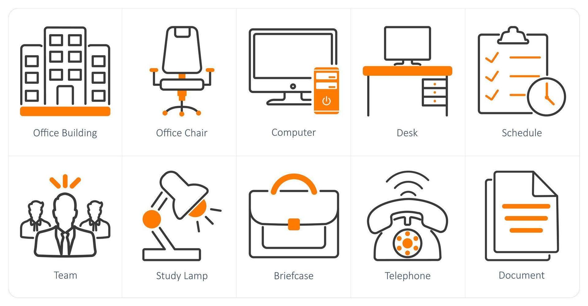 A set of 10 office icons as office building, office chair, computer vector