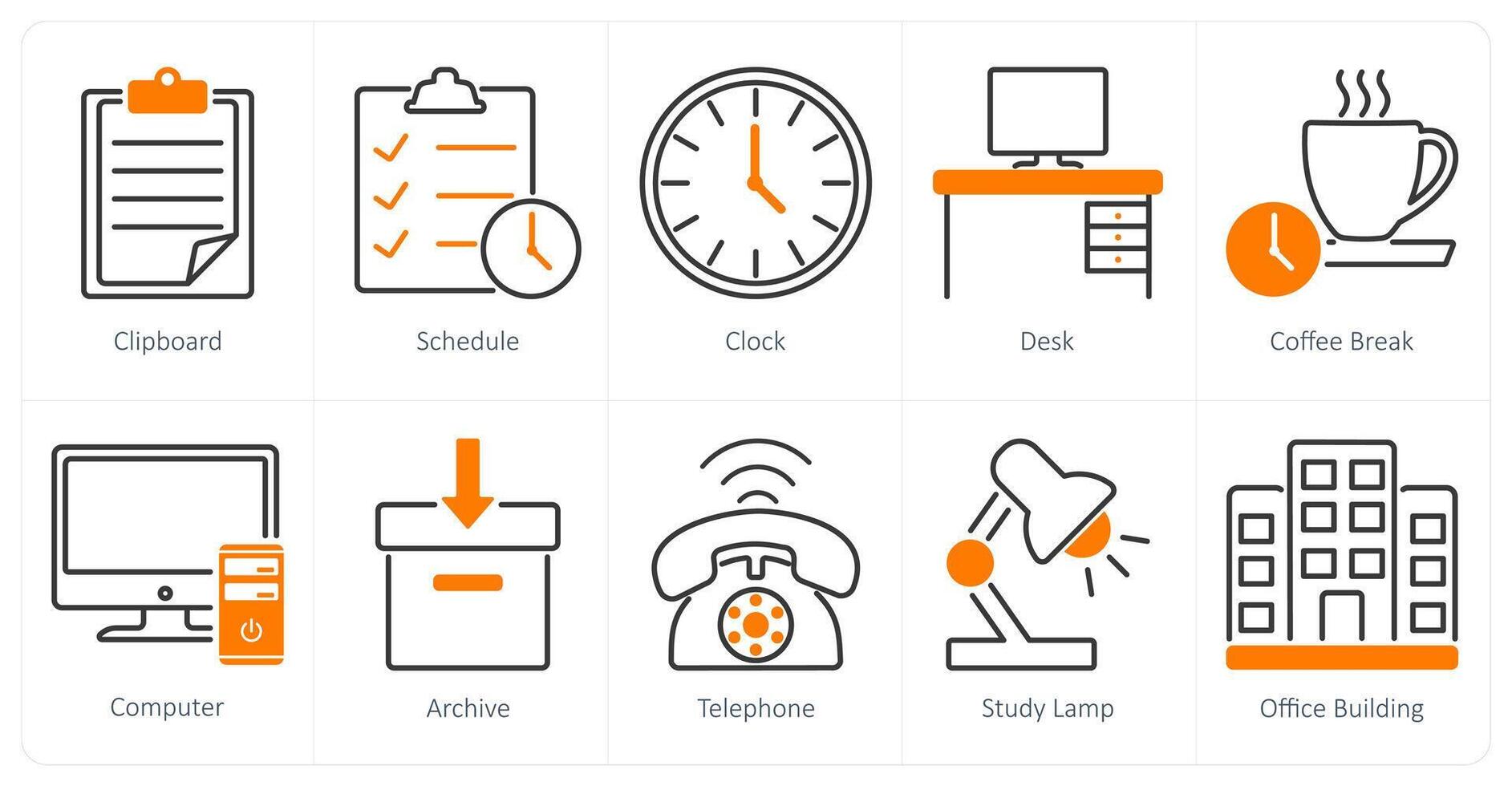 A set of 10 office icons as clipboard, schedule, clock vector
