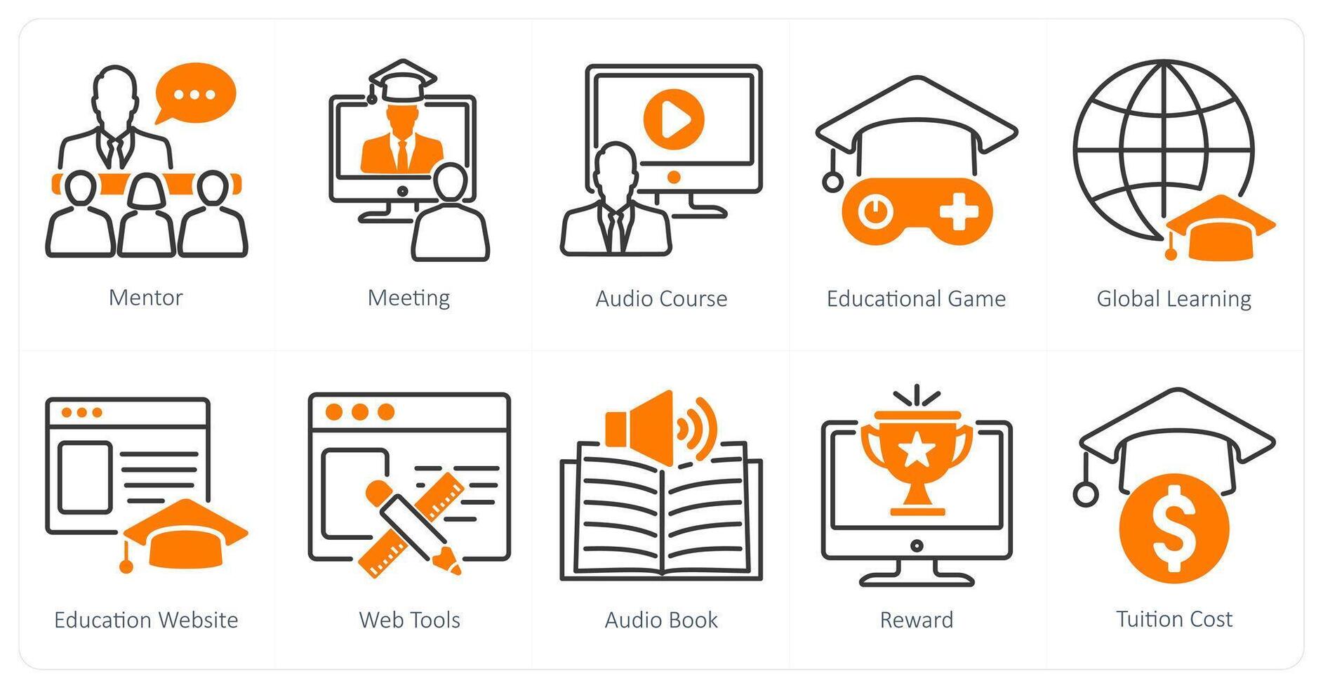 A set of 10 online education icons as mentor, meeting, audio course vector