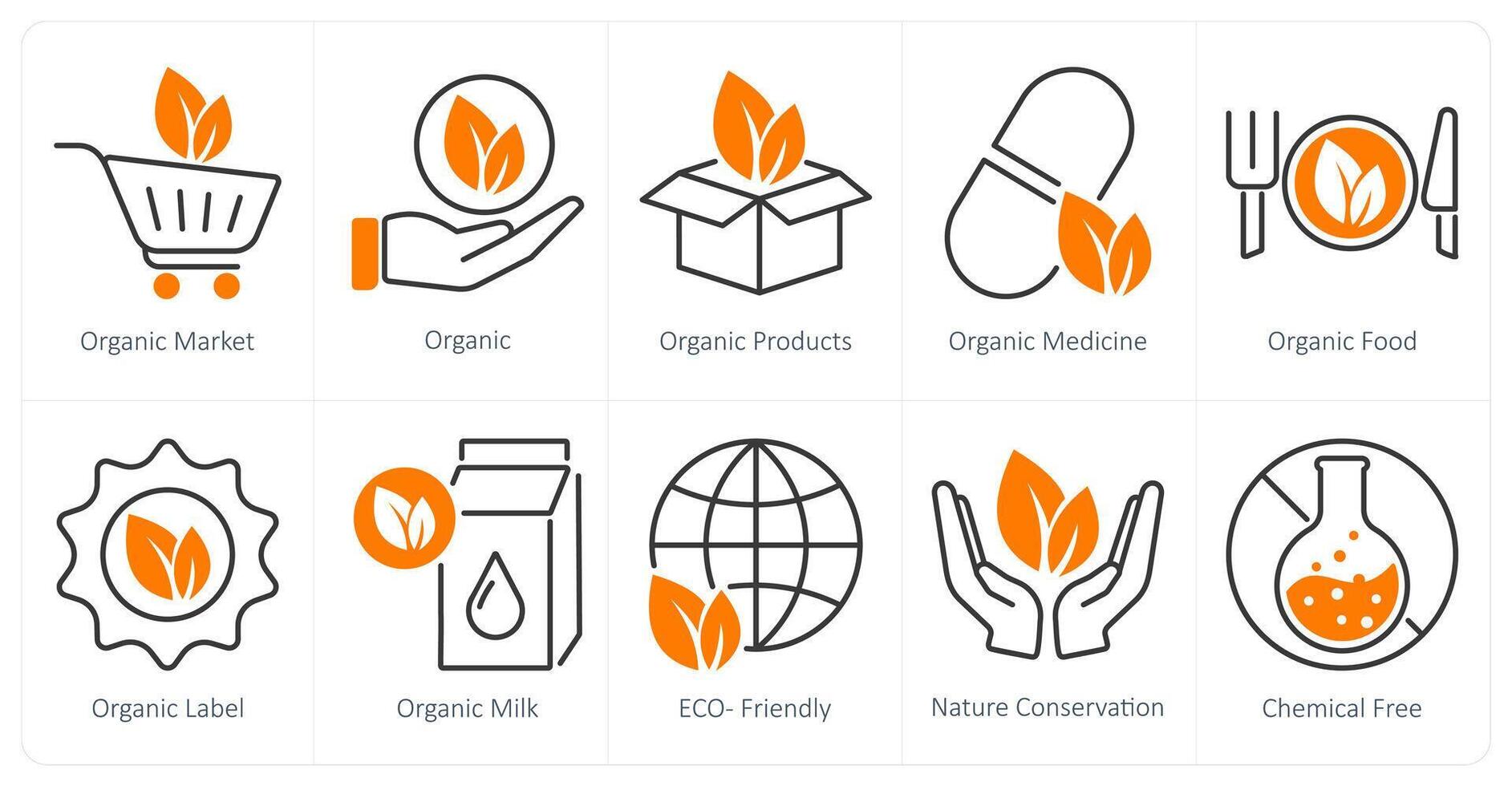 A set of 10 organic farming icons as organic market, organic, organic products vector