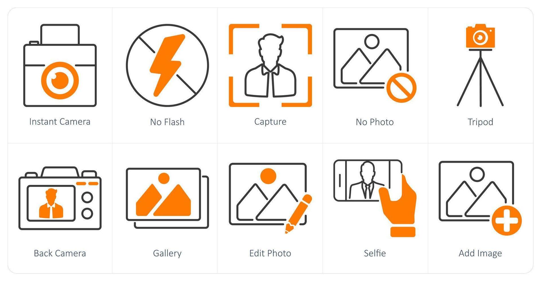 A set of 10 photography icons as instant camera, no flash vector