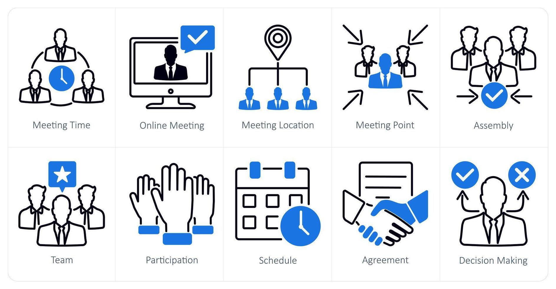 A set of 10 meeting icons as meeting time, online meeting, meeting location vector