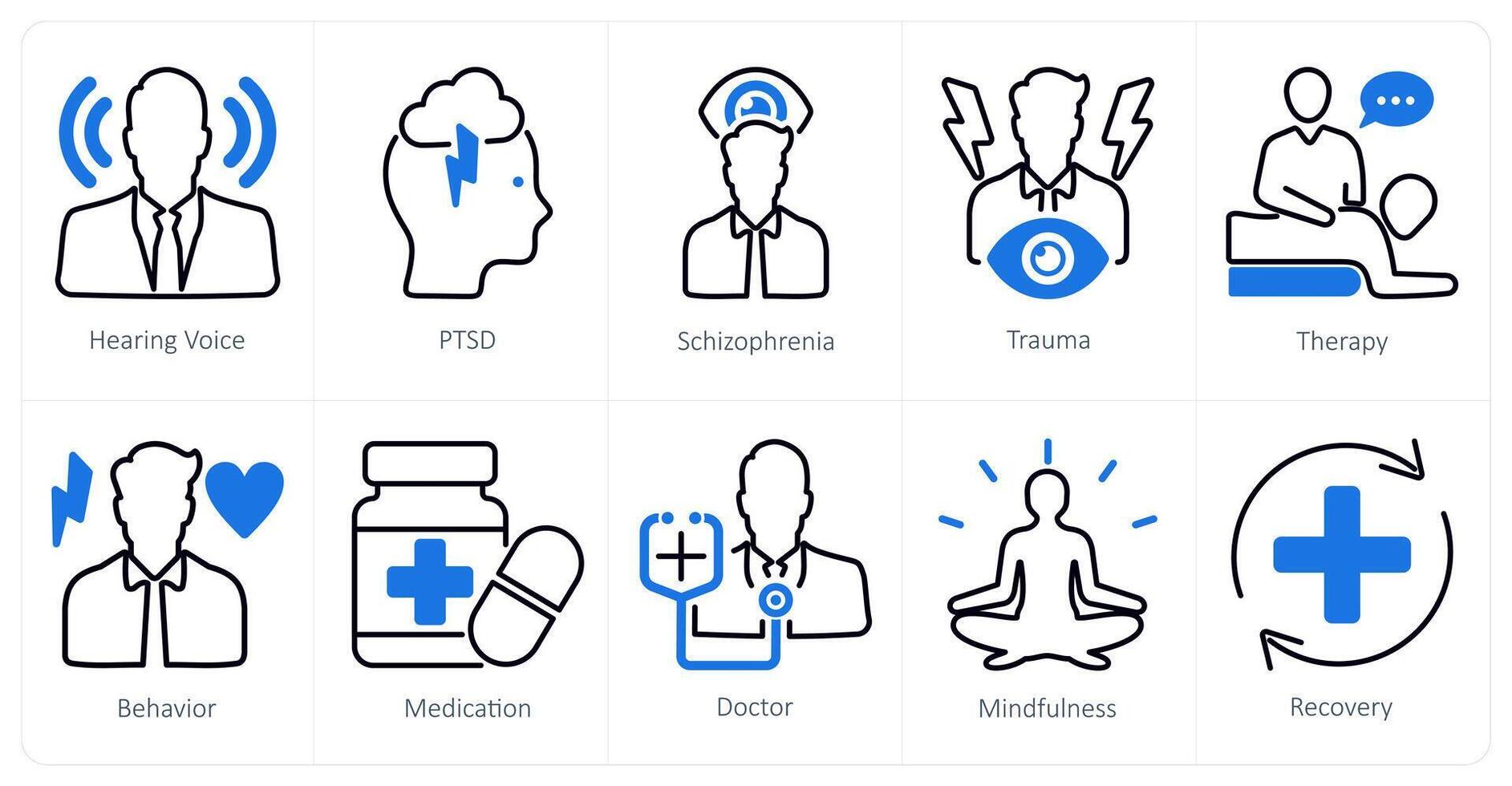 A set of 10 mental health icons as hearing voice, ptsd, schizophernia vector