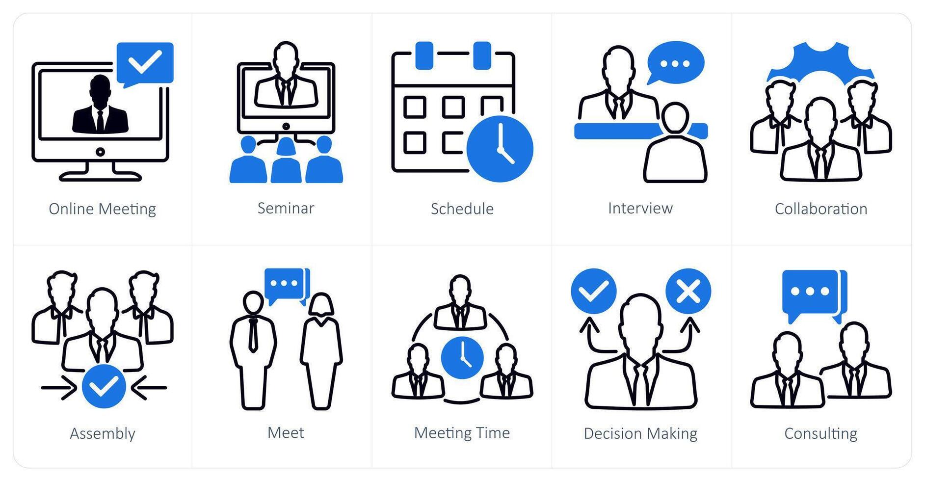 A set of 10 meeting icons as online meeting, seminar, schedule vector