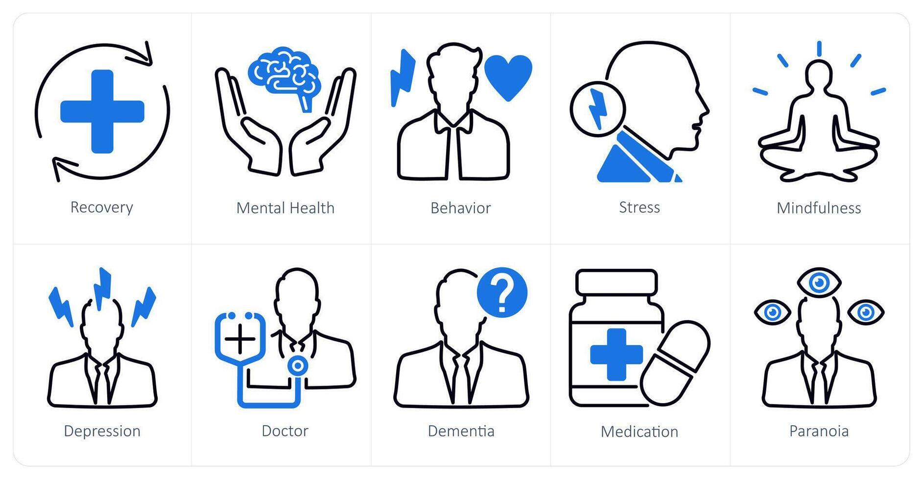 A set of 10 mental health icons as recovery, mental health, behaviour vector