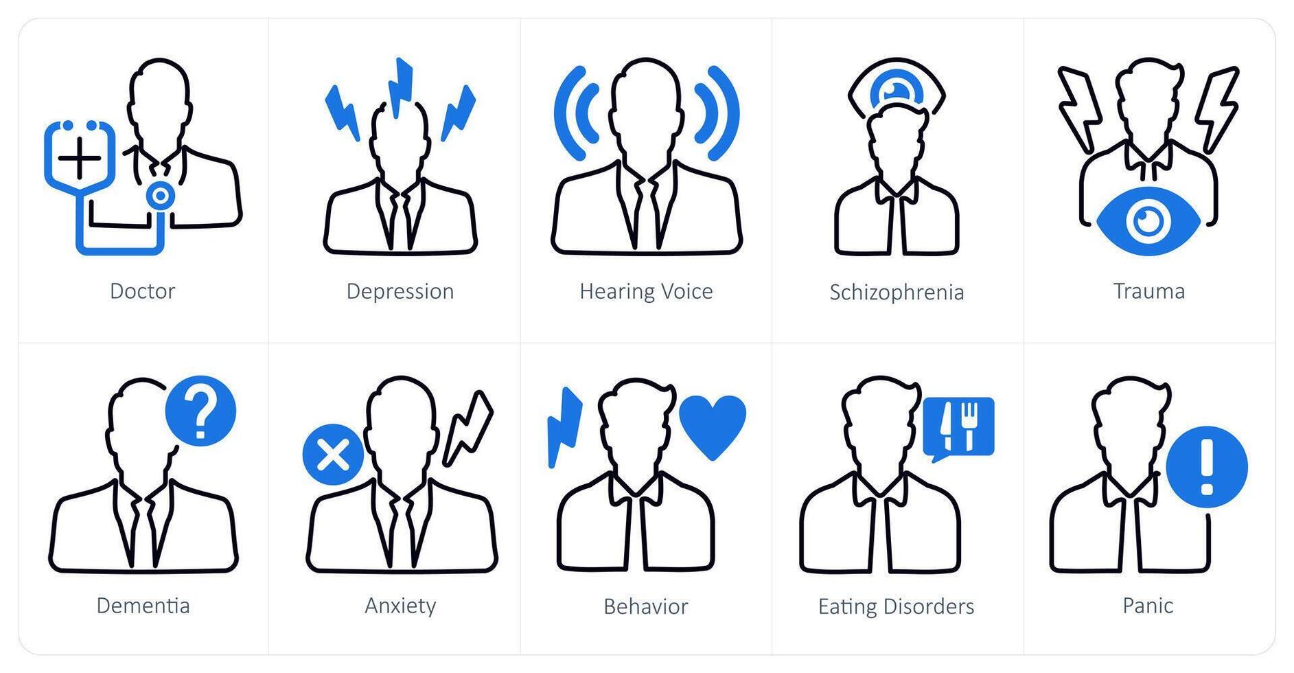 A set of 10 mental health icons as doctor, depression, hearing voice vector