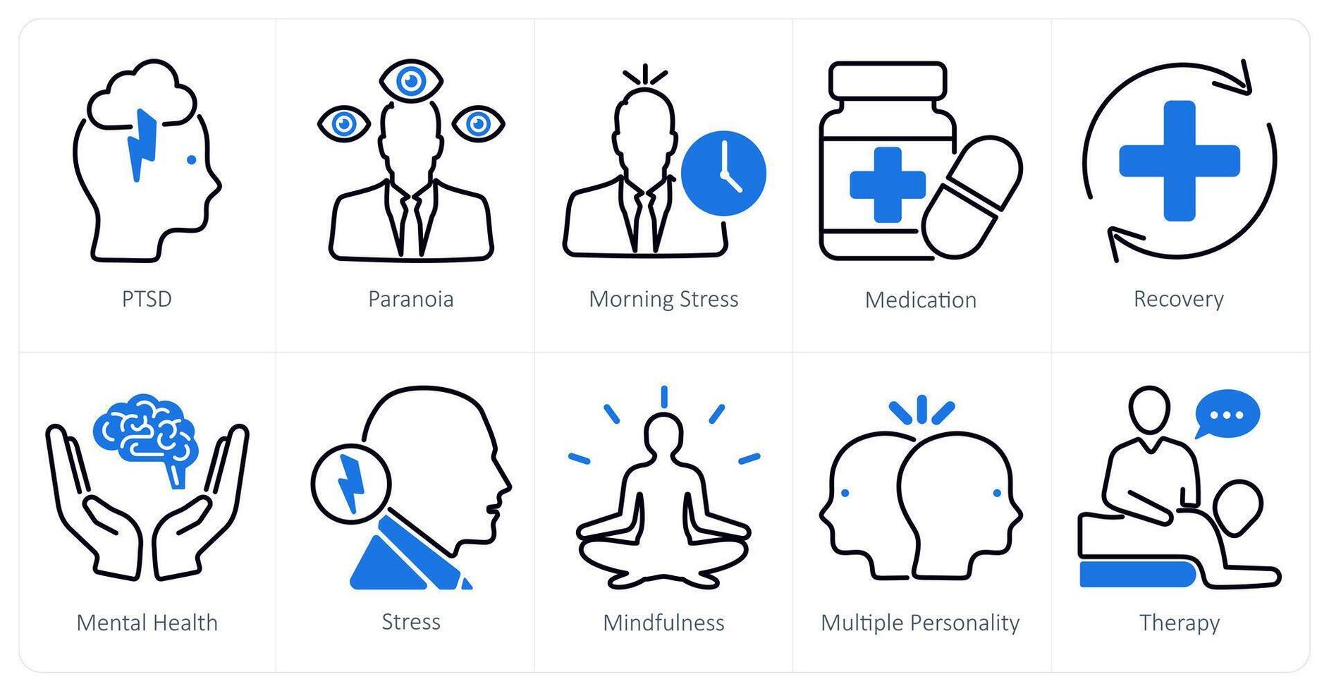 A set of 10 mental health icons as ptsd, paranoia, morning stress vector