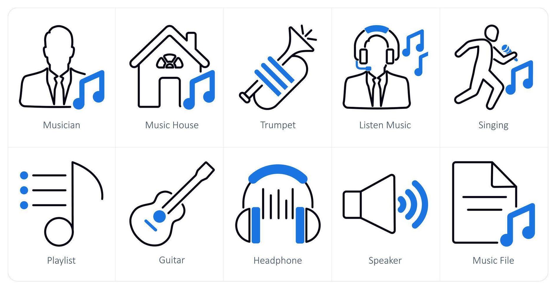 A set of 10 music icons as musician, music house, trumpet vector