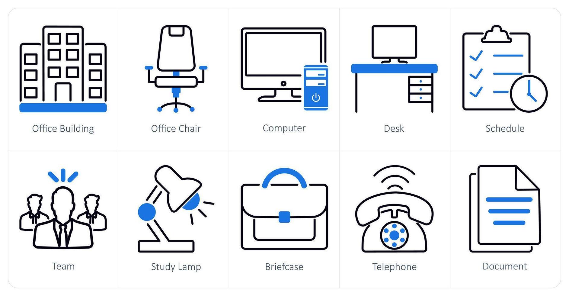A set of 10 office icons as office building, office chair, computer vector
