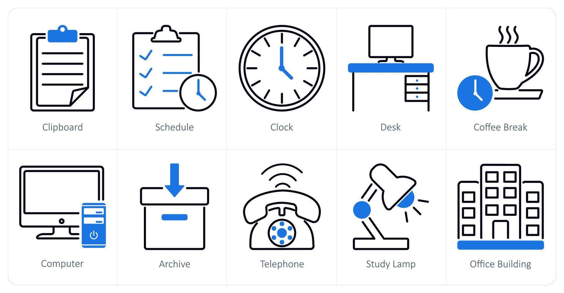 A set of 10 office icons as clipboard, schedule, clock vector