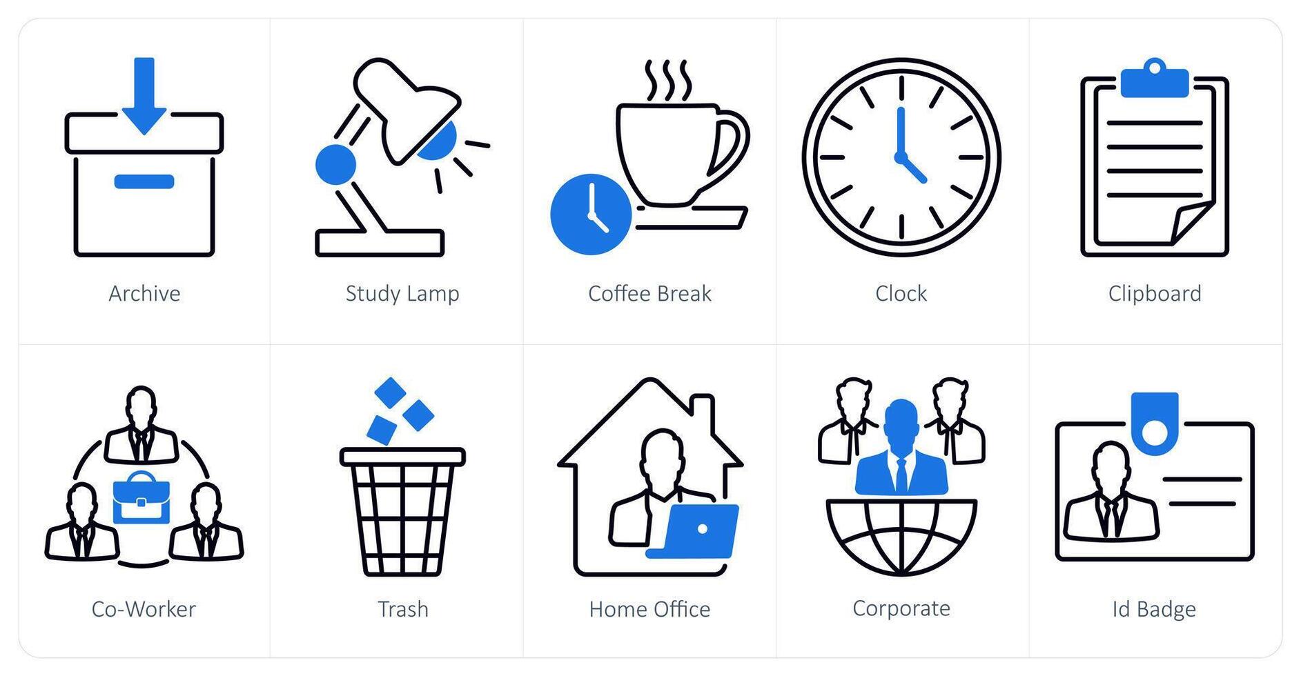 A set of 10 office icons as archive, study lamp, coffee break vector