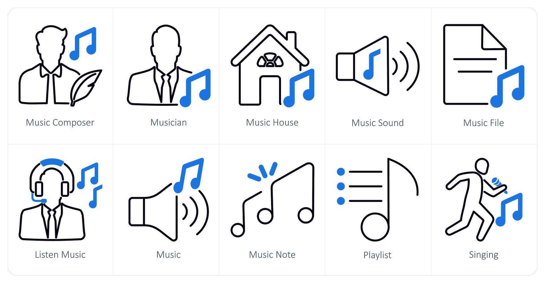 A set of 10 music icons as music composer, musician, music house vector