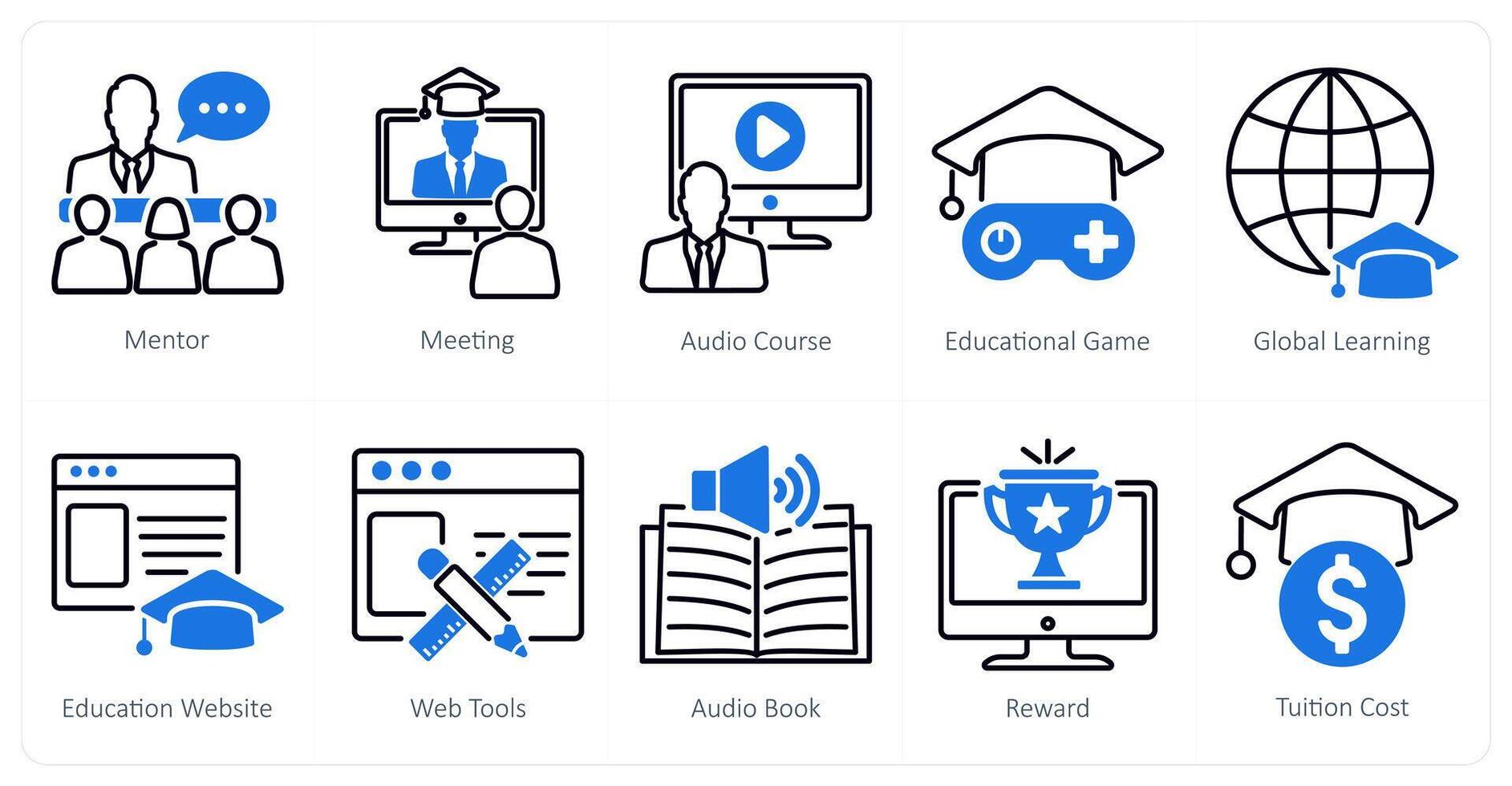 A set of 10 online education icons as mentor, meeting, audio course vector