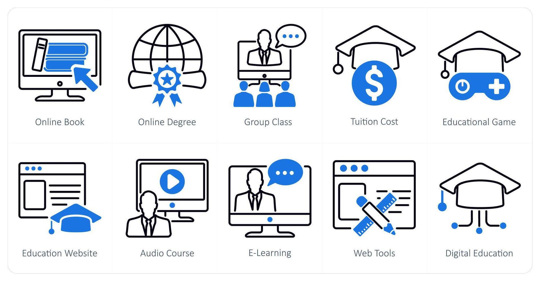 A set of 10 online education icons as online book, online degree, group class vector