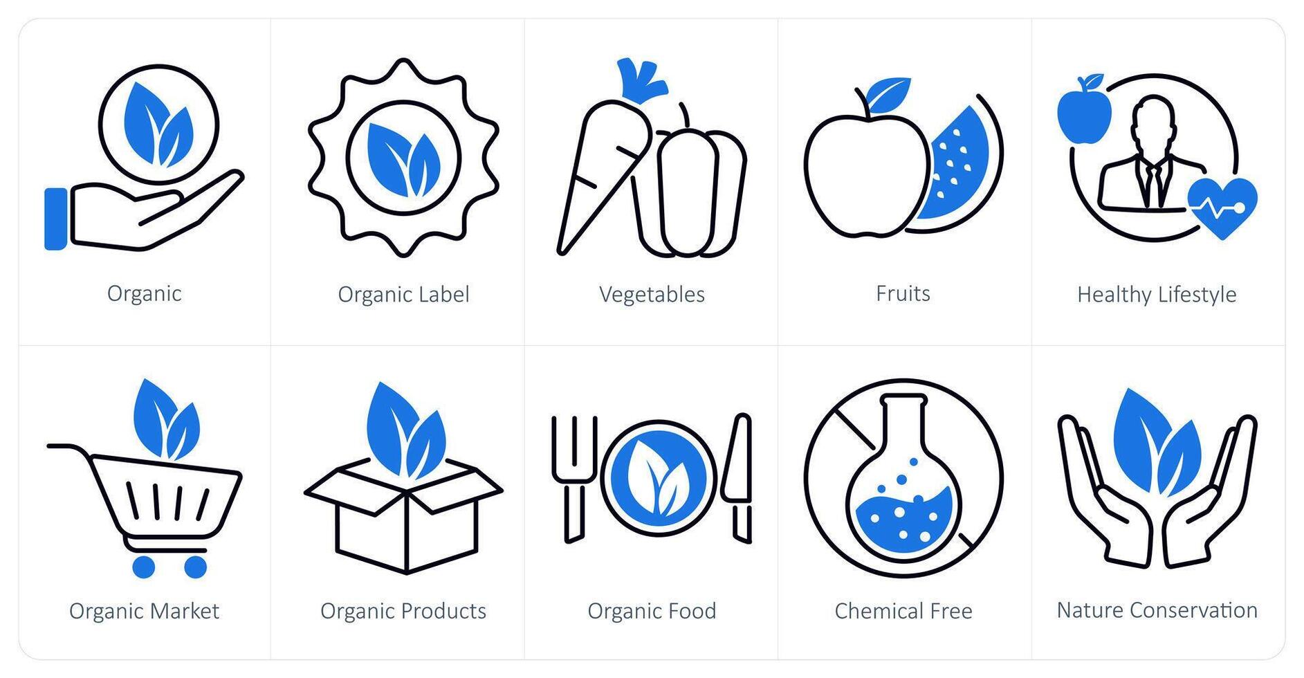 A set of 10 organic farming icons as organic, organic label, vegetables vector
