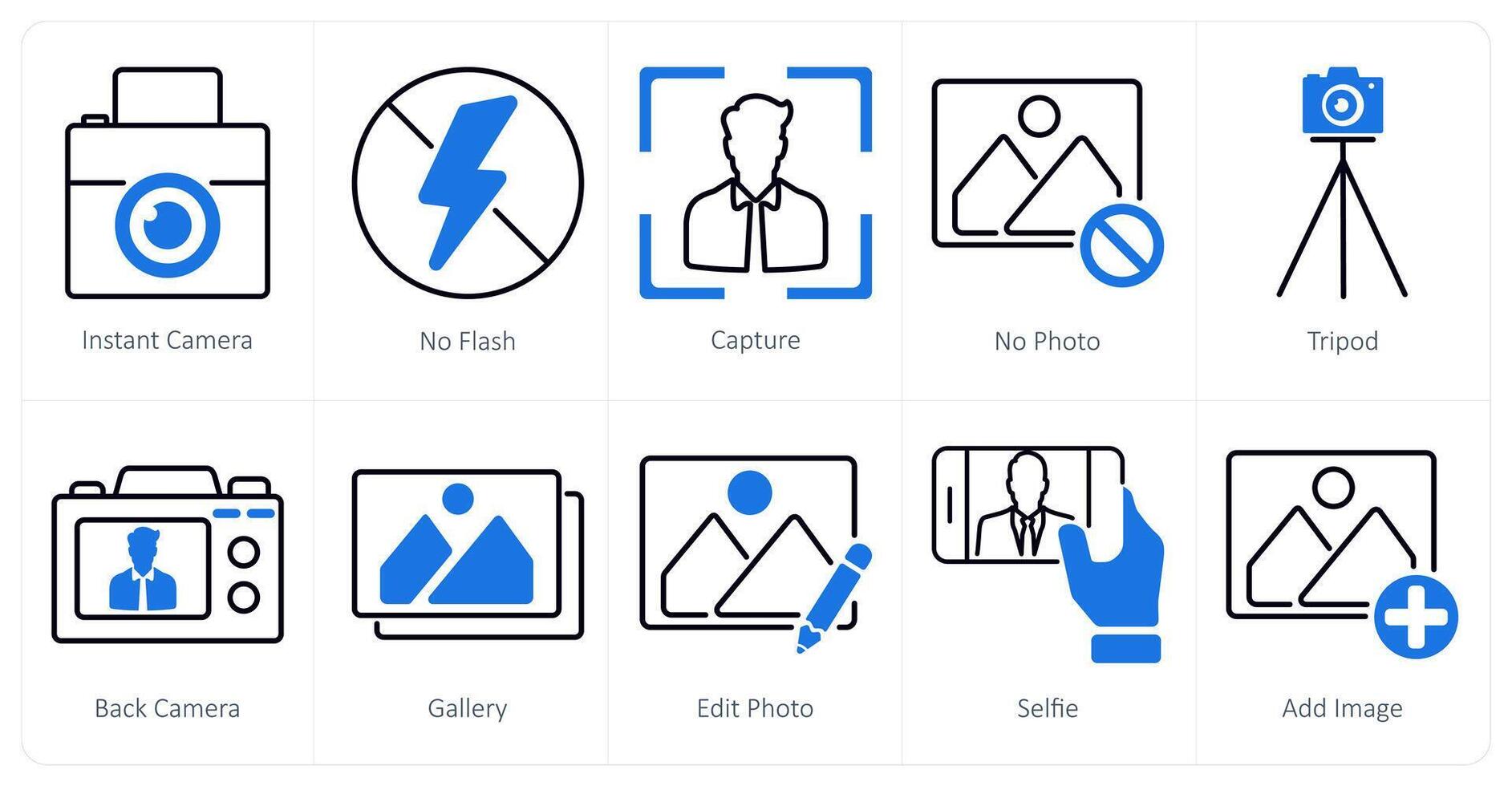 A set of 10 photography icons as instant camera, no flash vector