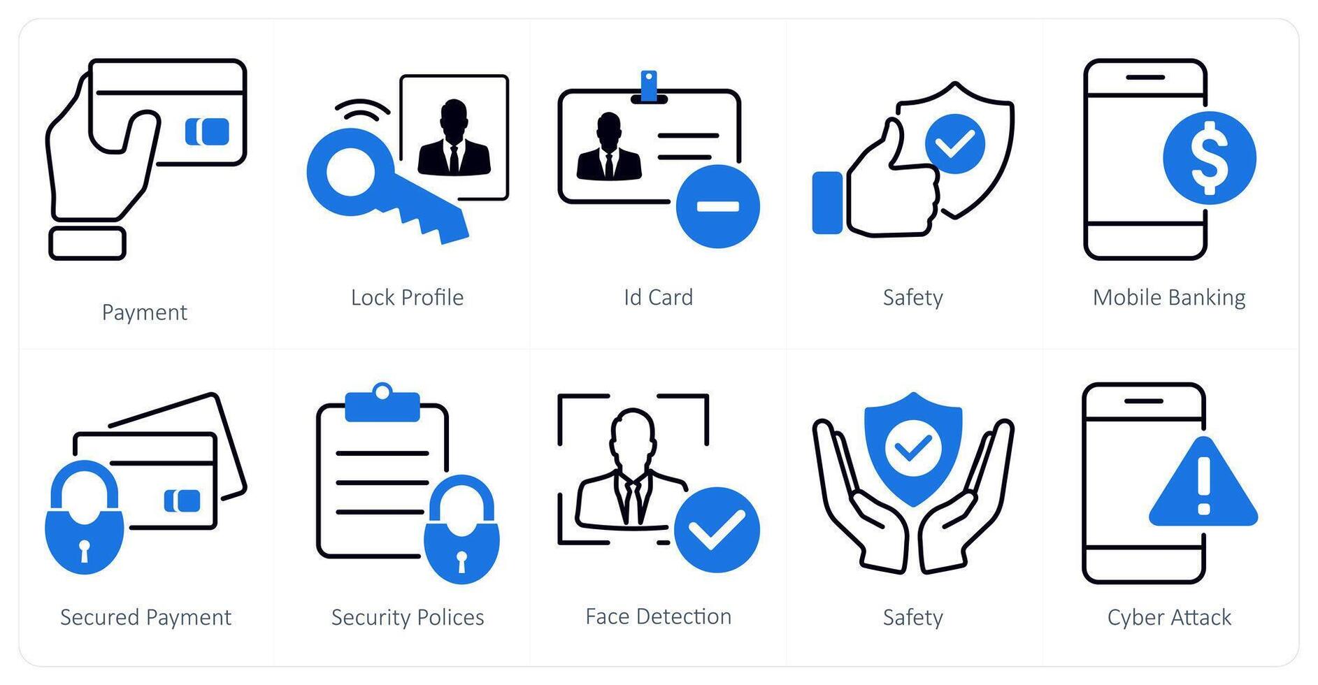 A set of 10 security icons as payment, lock profile, id card vector