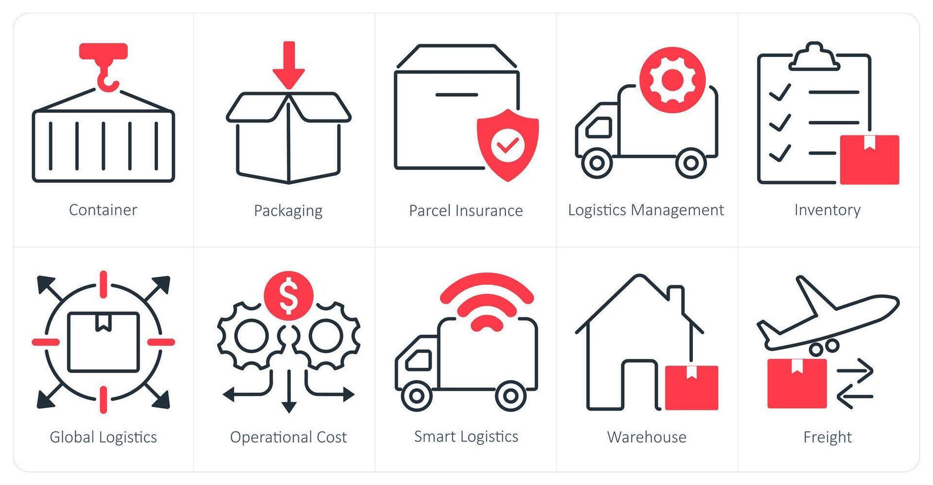 A set of 10 logistics icons as container, packaging, parcel insurance vector