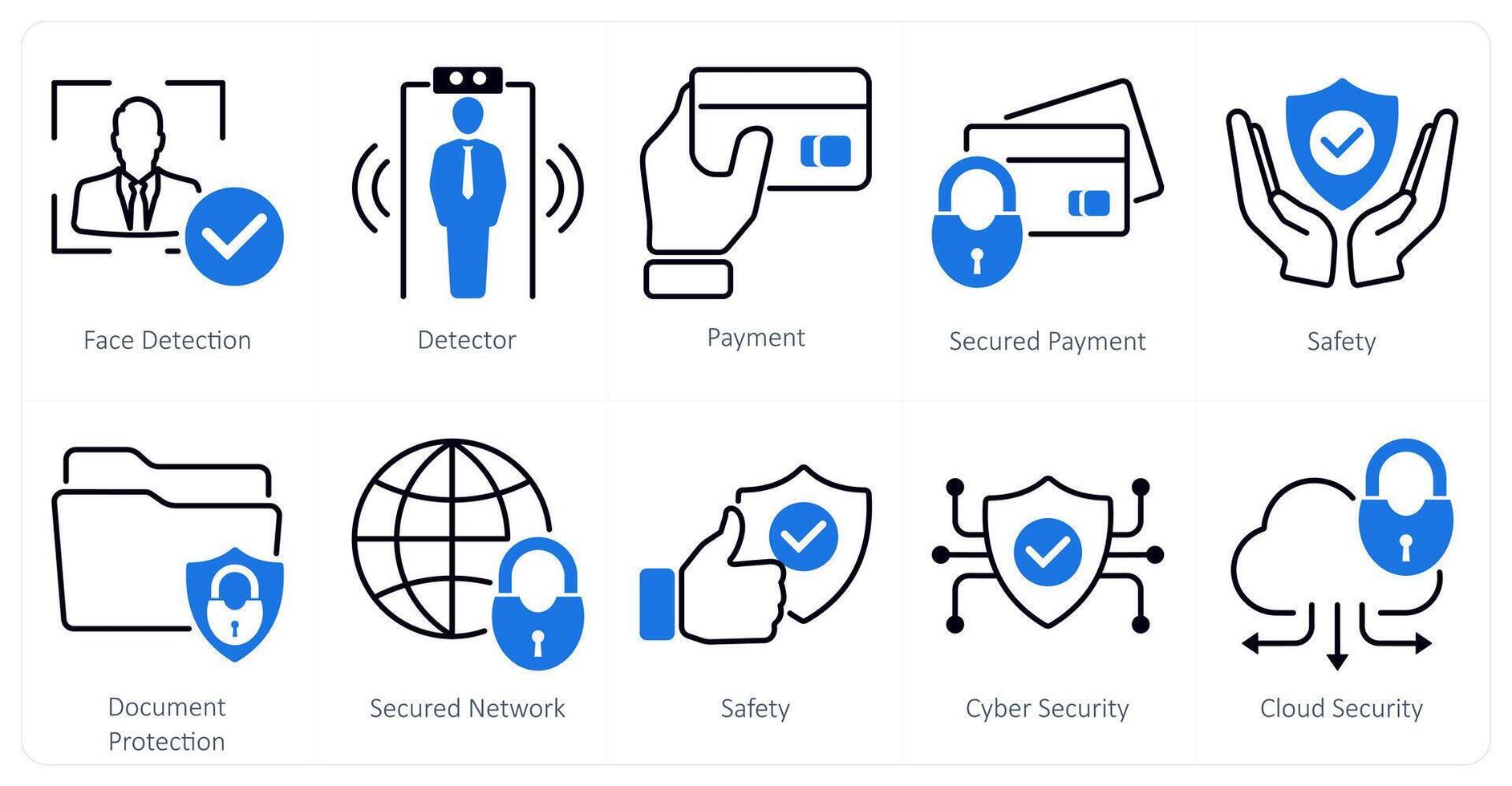 A set of 10 security icons as face detection, detector, payment, secured payment vector