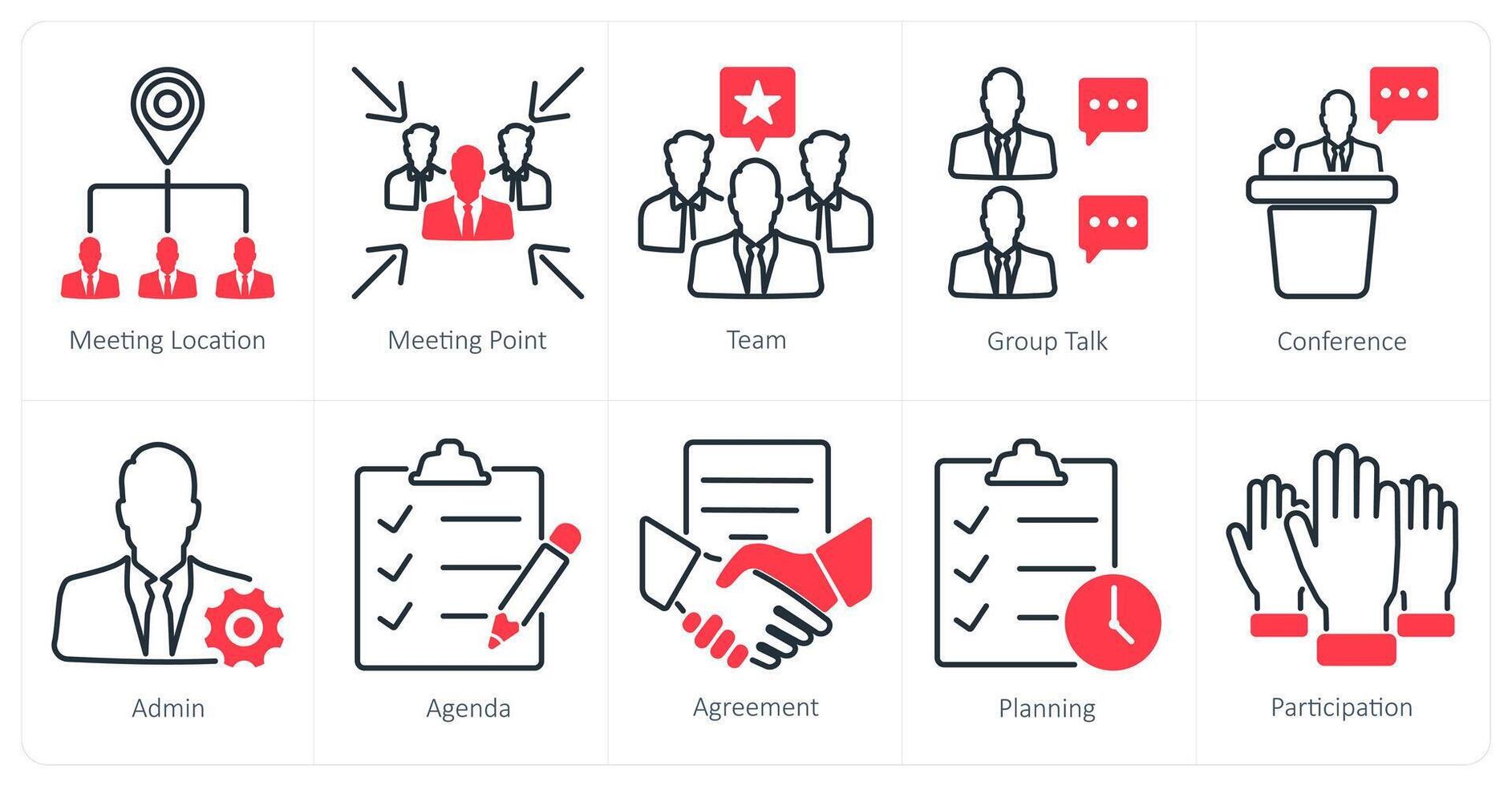 A set of 10 meeting icons as meeting location, meeting point, team vector