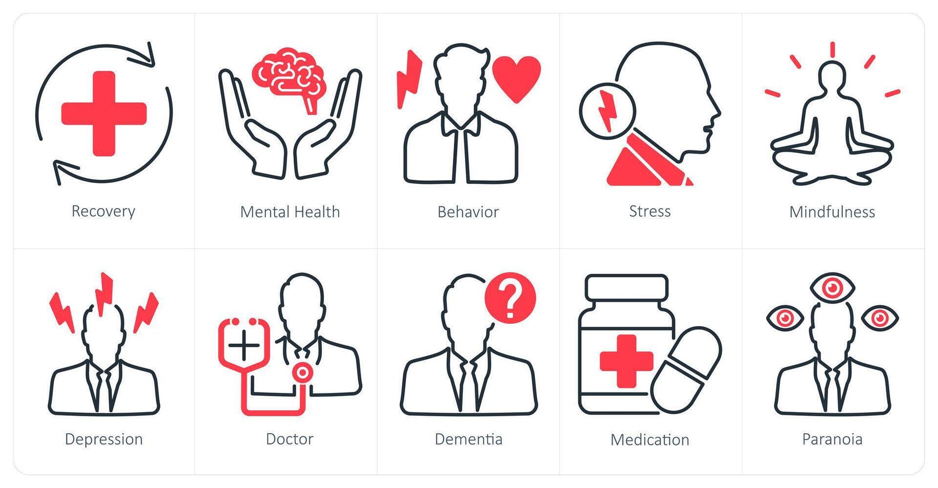 A set of 10 mental health icons as recovery, mental health, behaviour vector