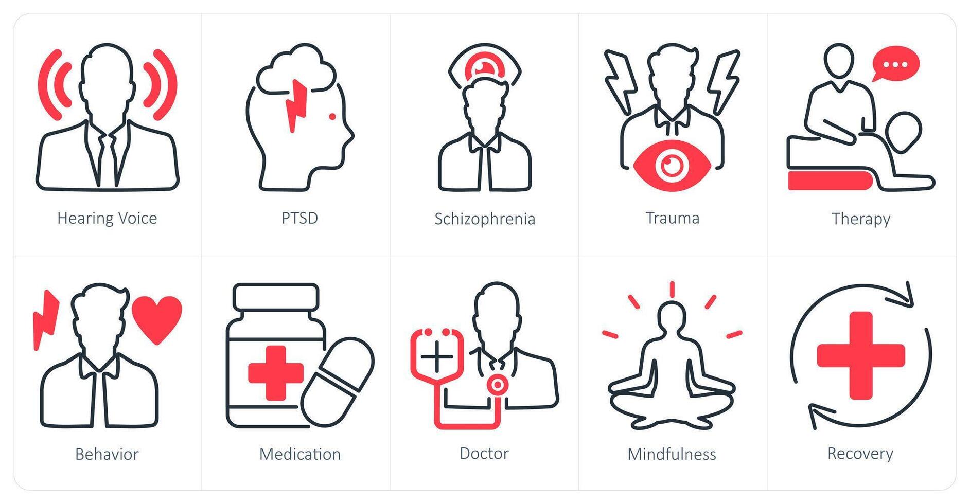 A set of 10 mental health icons as hearing voice, ptsd, schizophernia vector