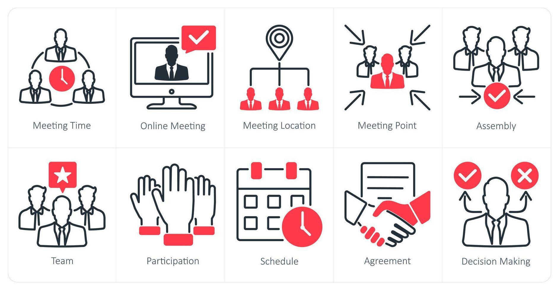 A set of 10 meeting icons as meeting time, online meeting, meeting location vector