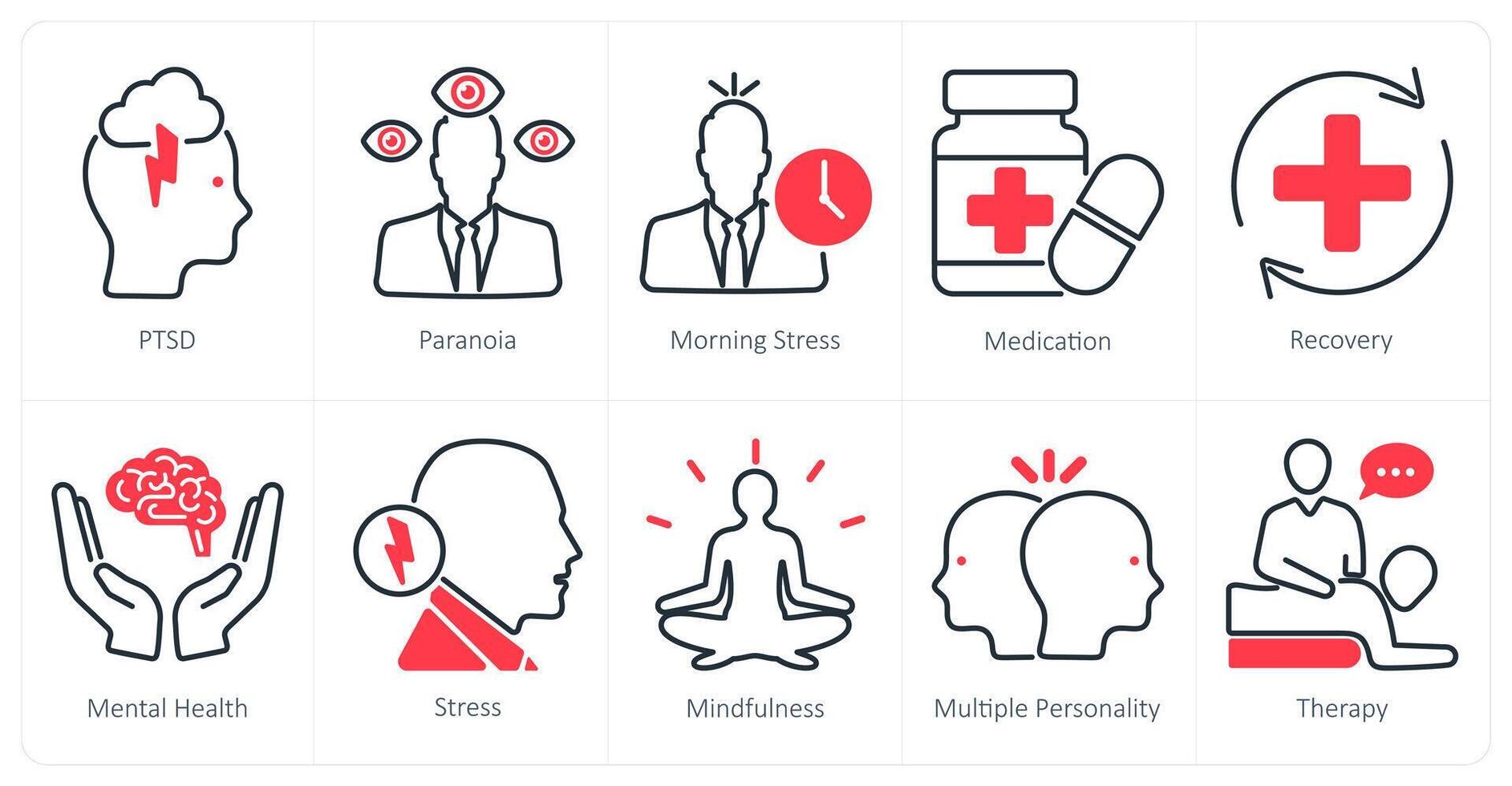 A set of 10 mental health icons as ptsd, paranoia, morning stress vector