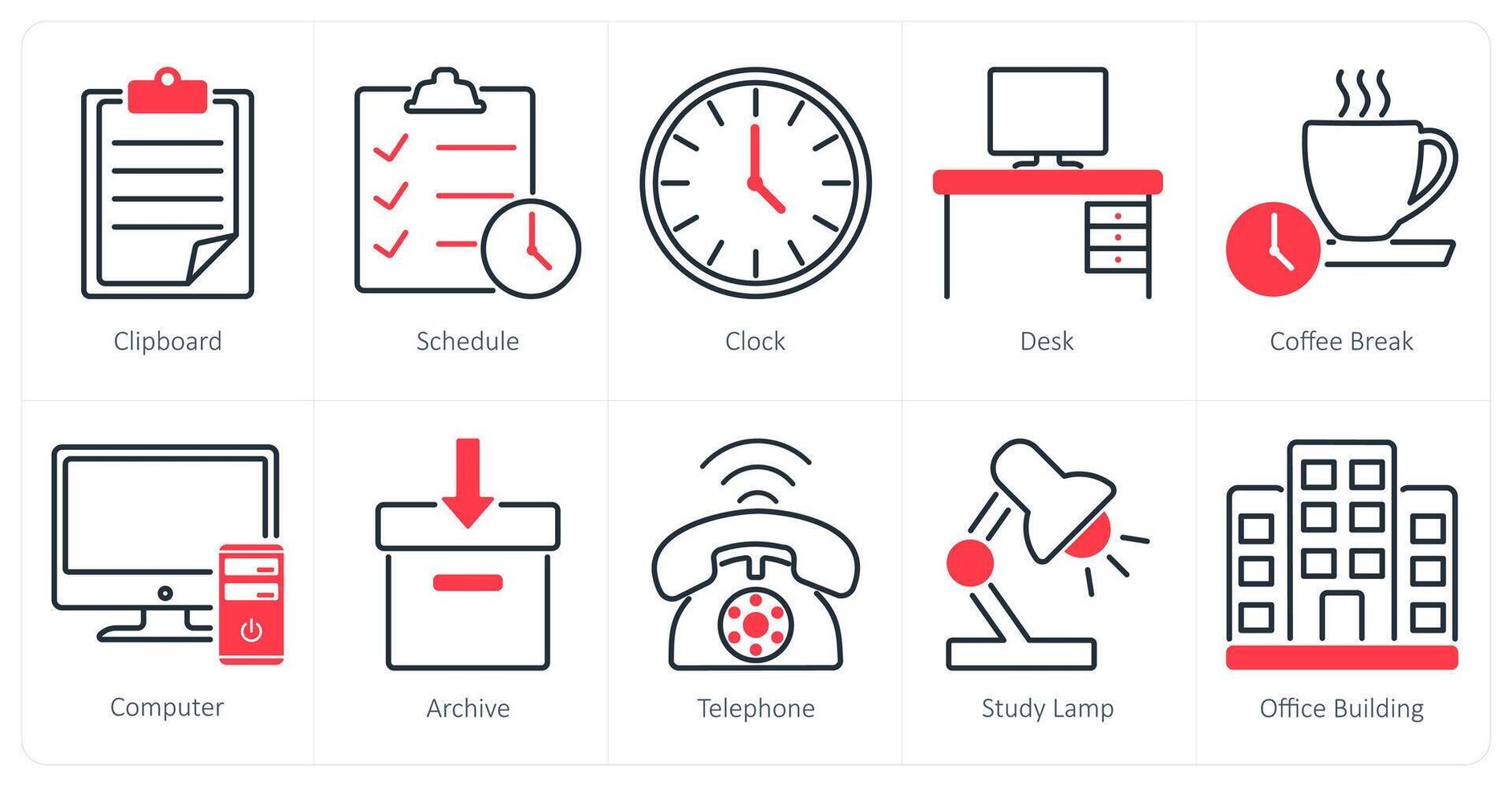 A set of 10 office icons as clipboard, schedule, clock vector