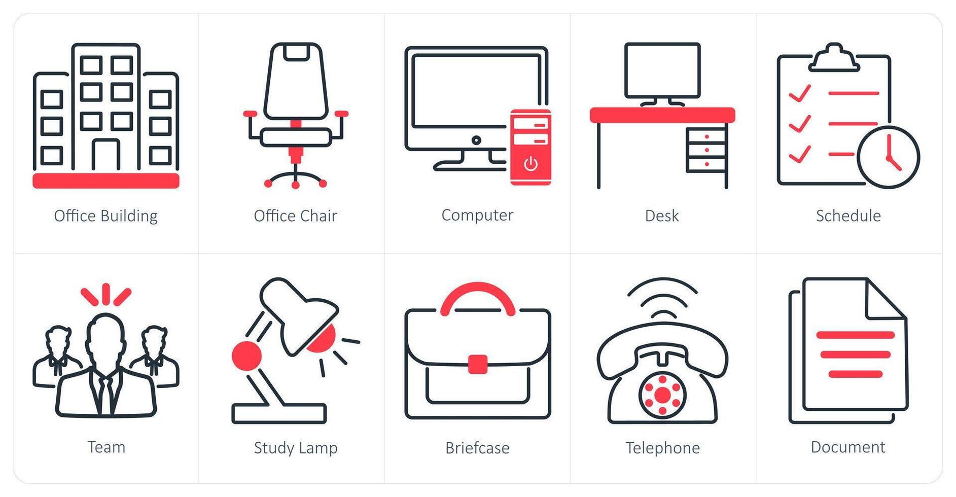 A set of 10 office icons as office building, office chair, computer vector