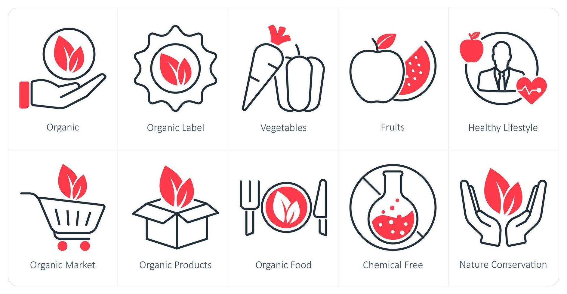 A set of 10 organic farming icons as organic, organic label, vegetables vector
