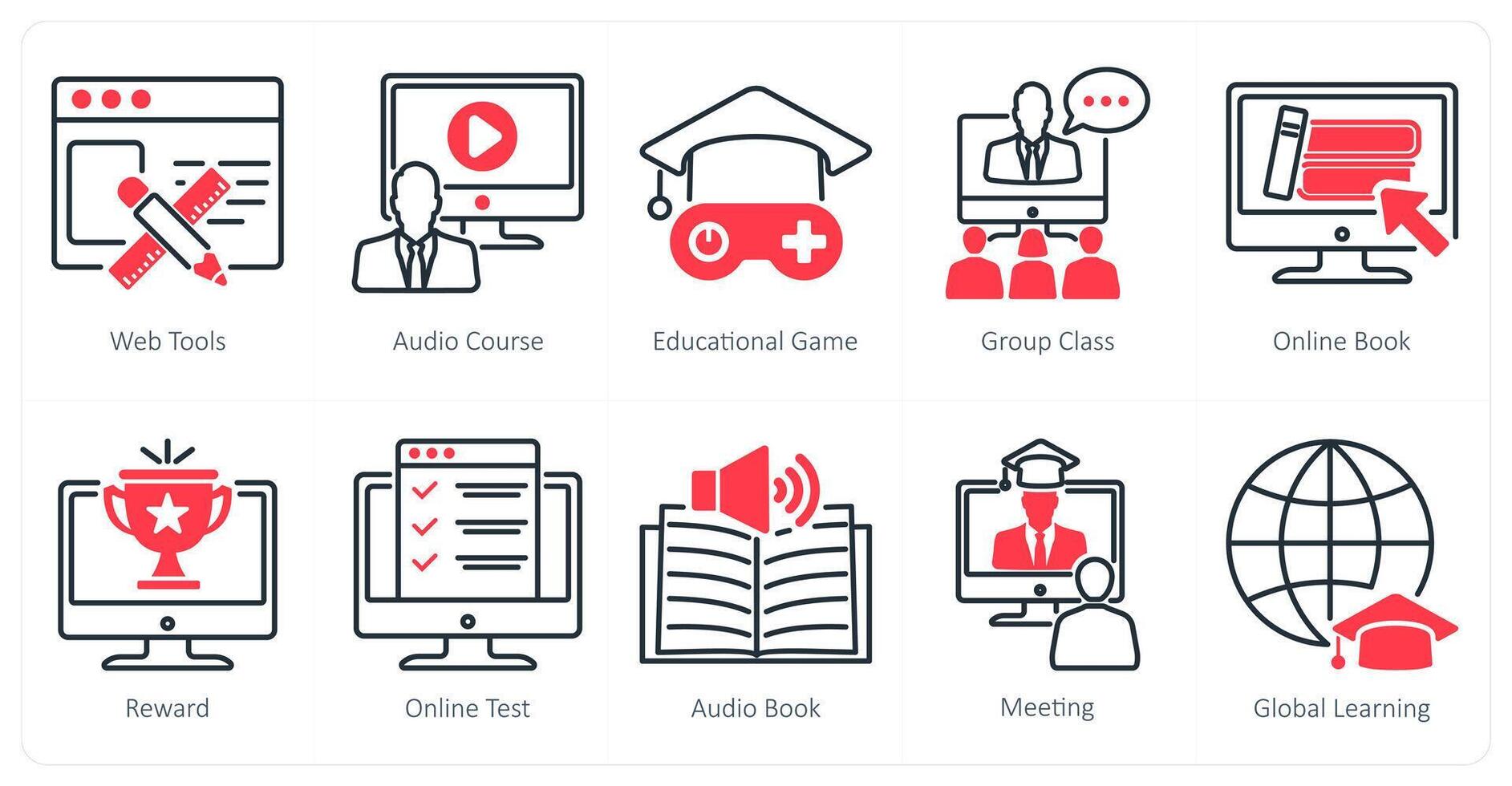 A set of 10 online education icons as web tools, audio course, educational game vector