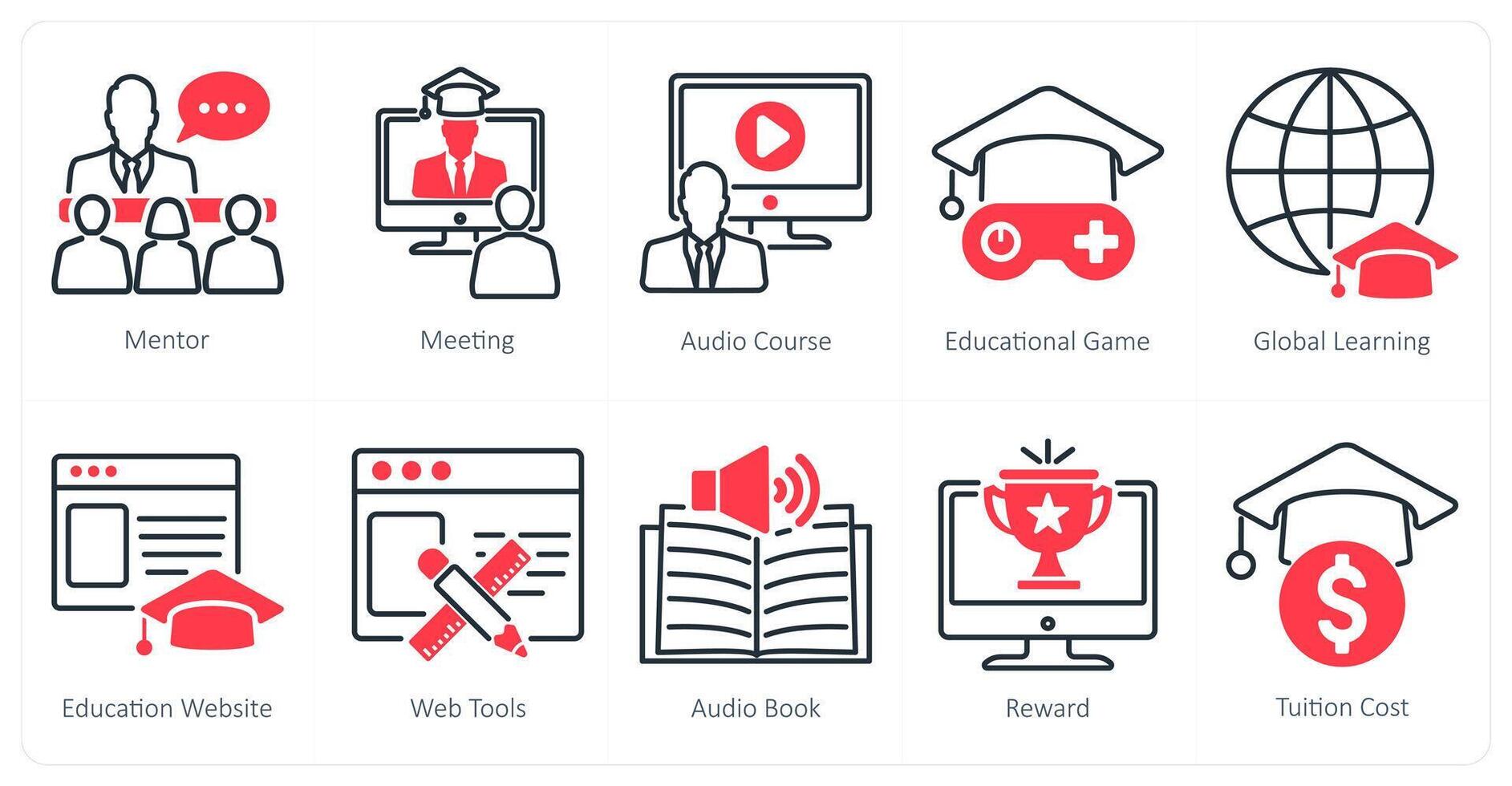 A set of 10 online education icons as mentor, meeting, audio course vector