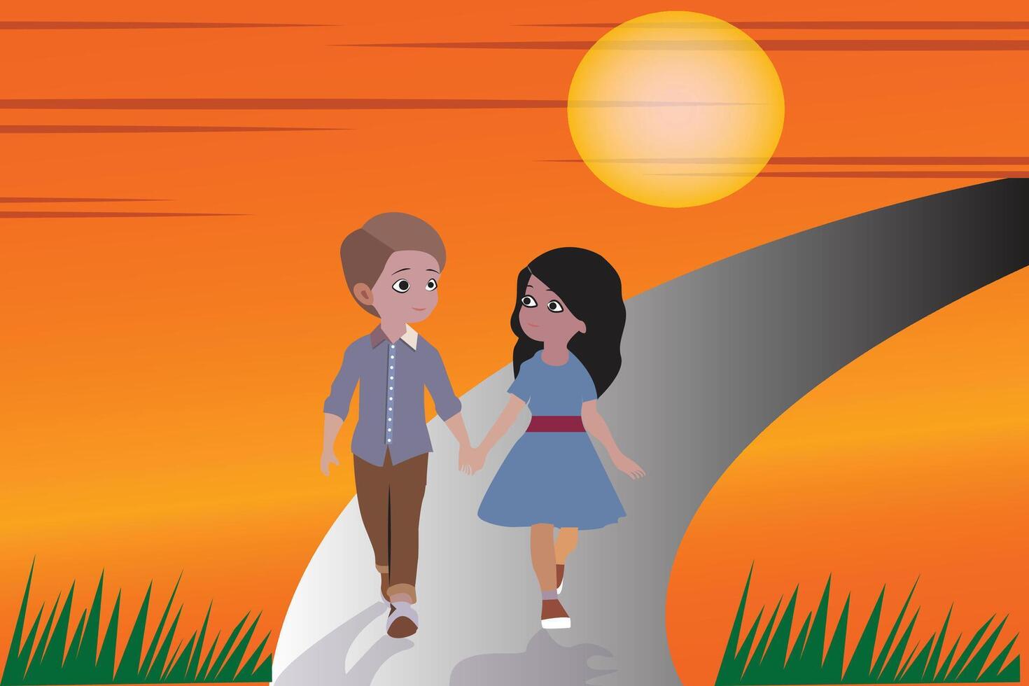 Cartoon A Boy A Girl Are Walking Along The Road vector