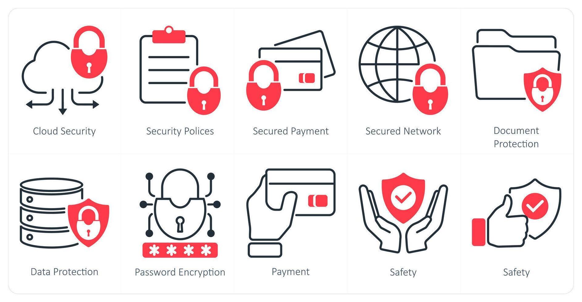 A set of 10 security icons as cloud security, security policies, secured payment vector