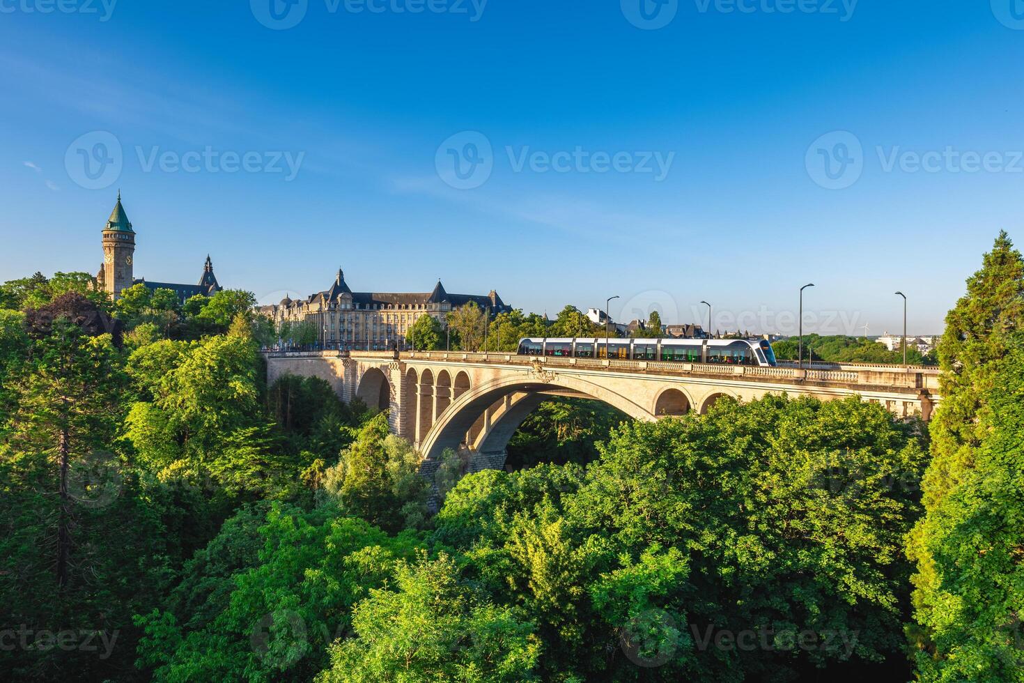 Scenery of Adolphe Bridge and the clock tower in Luxembourg city, Luxembourg photo