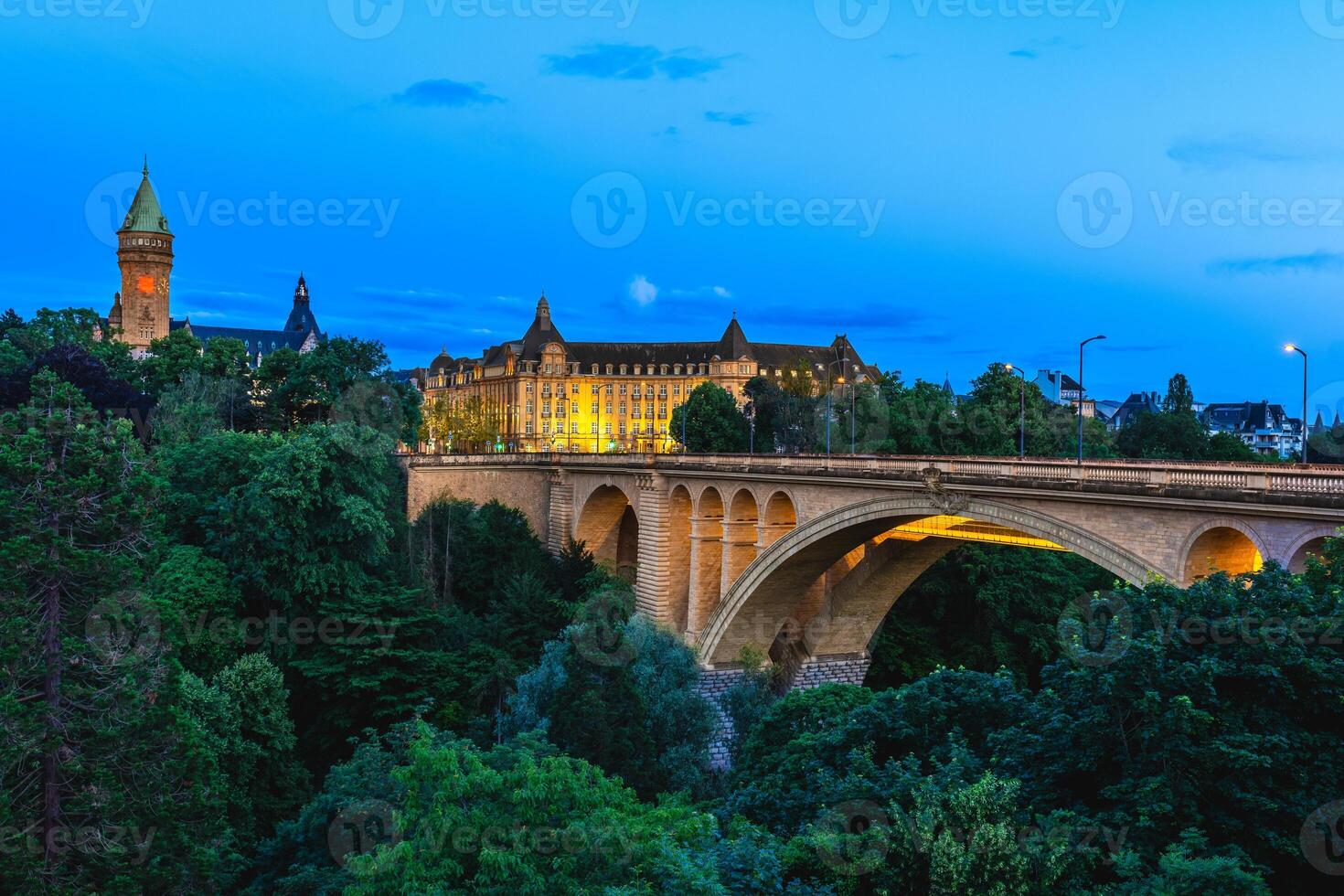 Scenery of Adolphe Bridge and the clock tower in Luxembourg city, Luxembourg photo