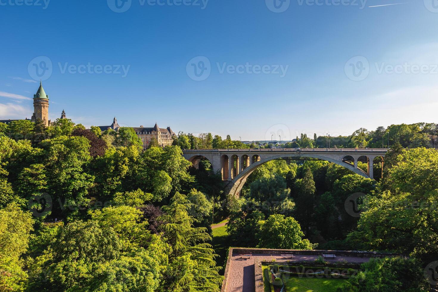 Scenery of Adolphe Bridge and the clock tower in Luxembourg city, Luxembourg photo
