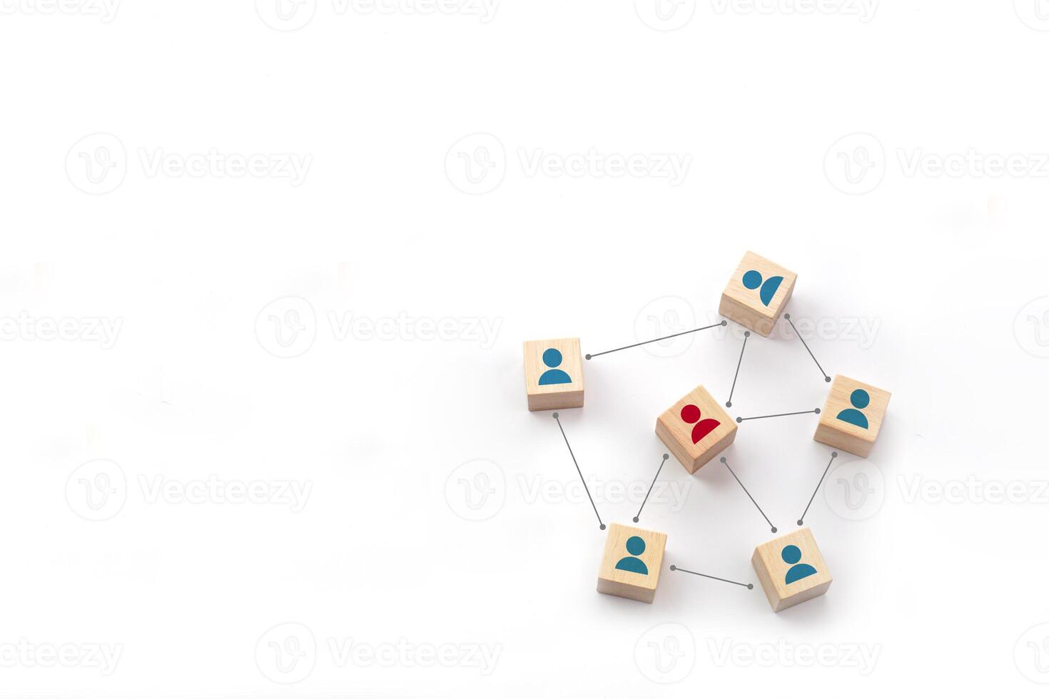 People icon on wooden block with connection line symbol. Leadership, coordination, teamwork, social connections and communication network. photo