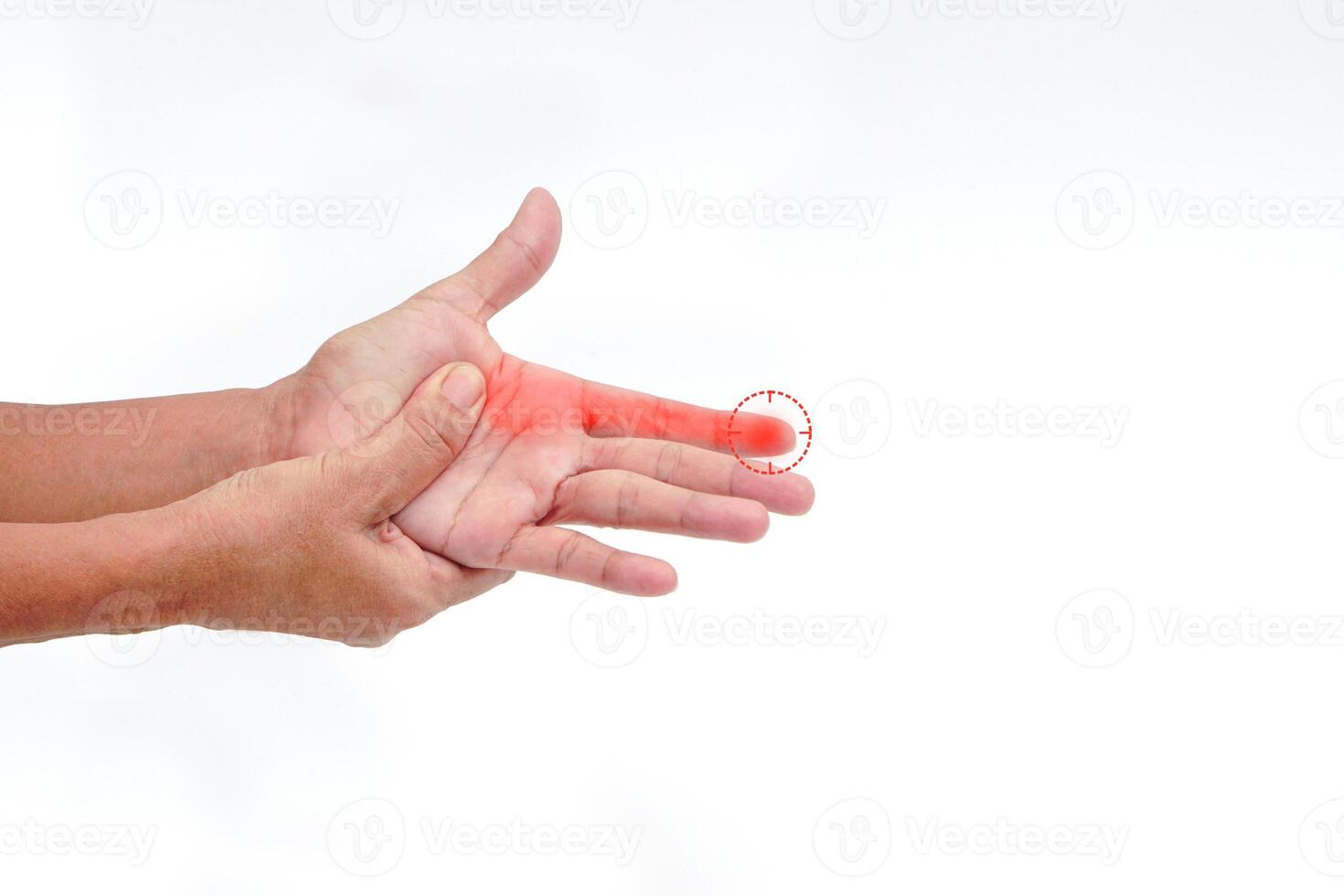 Hand of a woman suffering from palm pain on white background with clipping path. Healthcare and office syndrome concept. photo