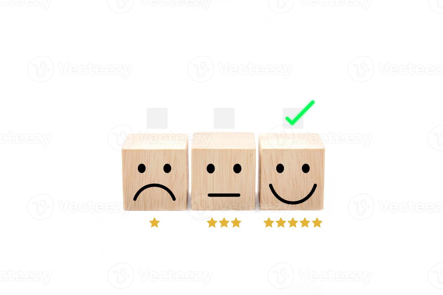 Satisfaction rating on wooden blocks and satisfaction marks. Evaluate quality of service, customer service and feedback survey concept. photo