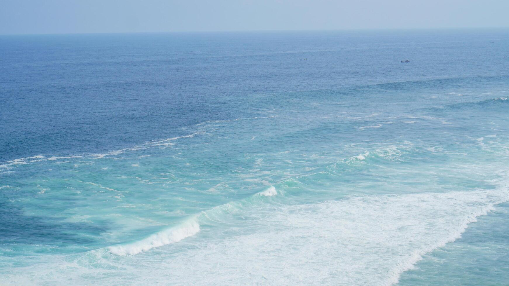 Front view over the ocean and white foam waves. Feel calm, cool, relaxed. Idea for cool background and copy space above. photo