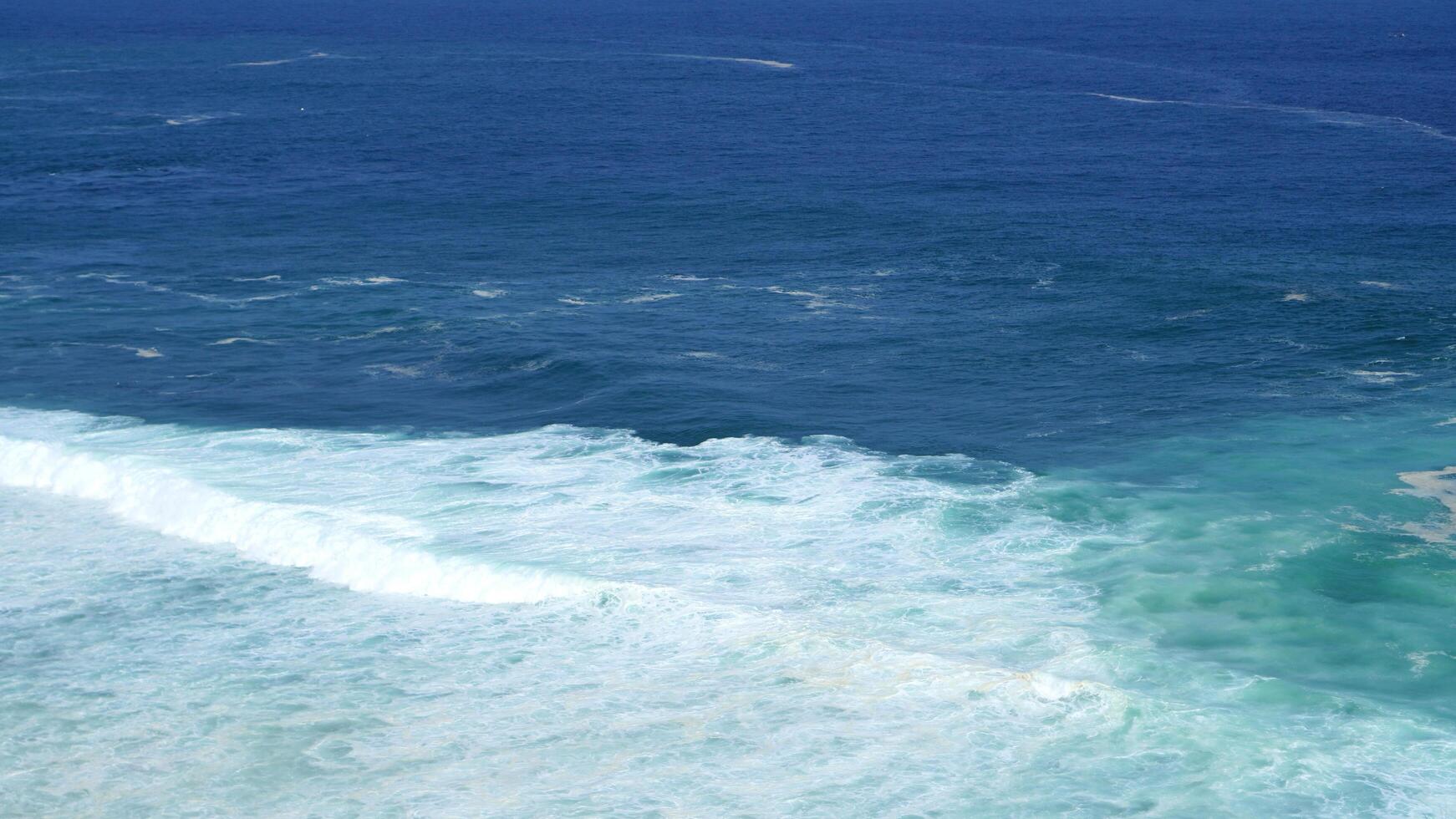 Front view over the ocean and white foam waves. Feel calm, cool, relaxed. Idea for cool background and copy space above. photo