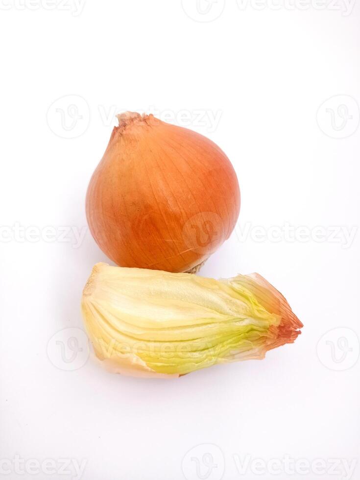 Close up image of a whole, unpeeled onion next to chopped onions. photo