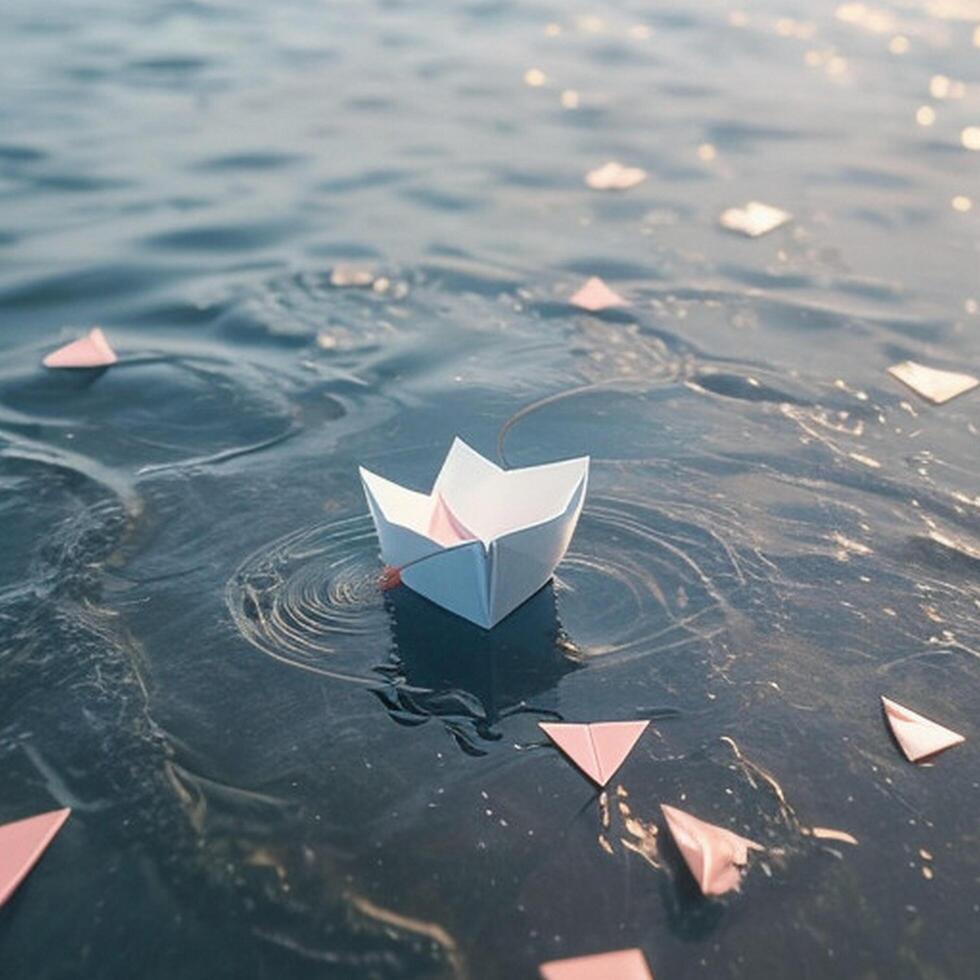 A paper boat floating on water photo