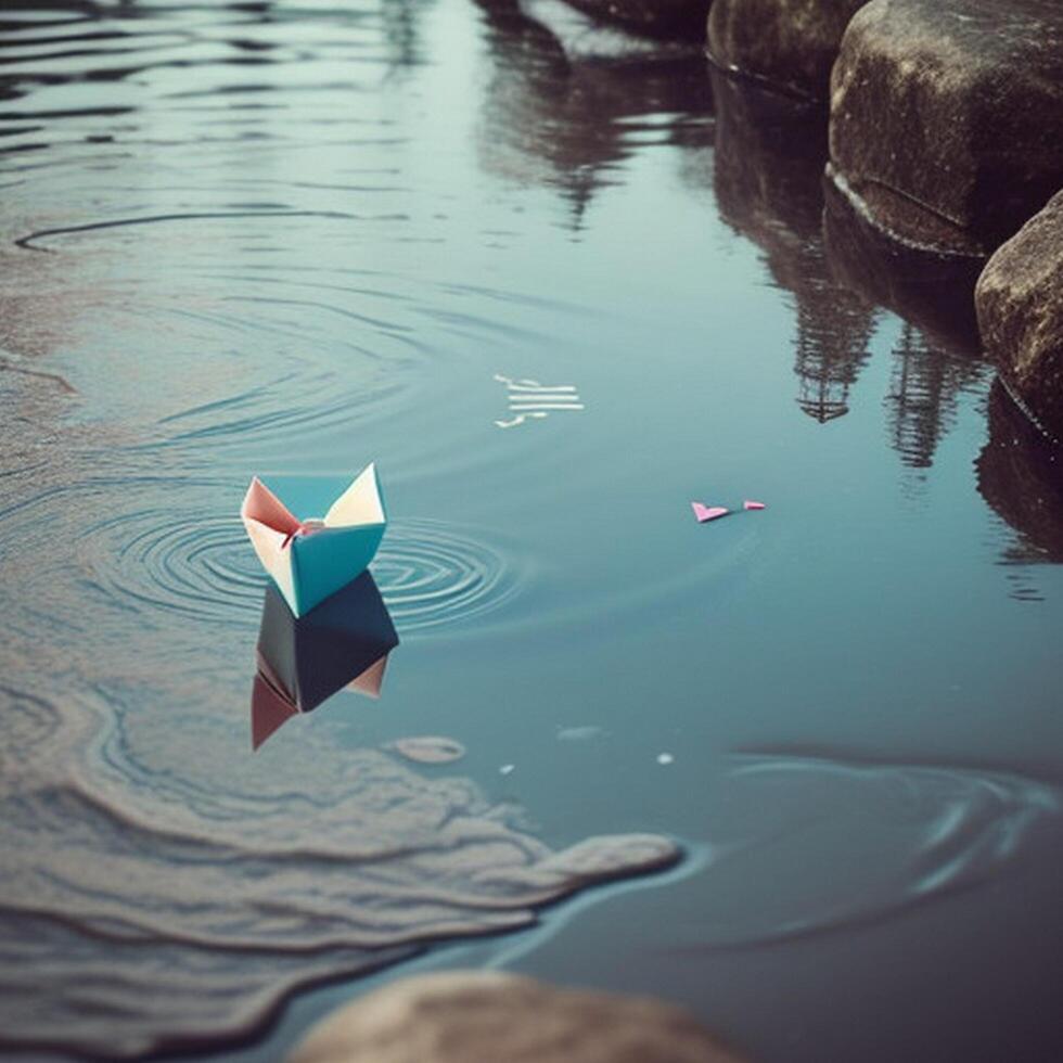 A paper boat floating on water photo