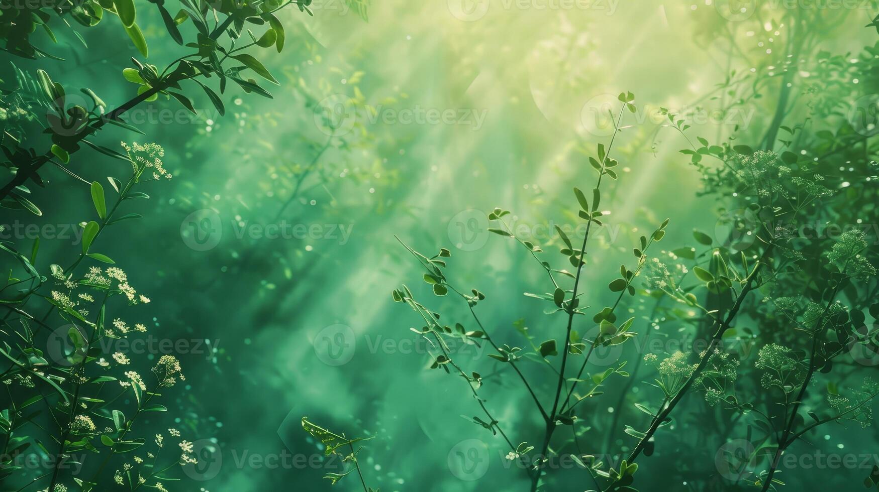 A lush green forest with sunlight shining through the trees photo